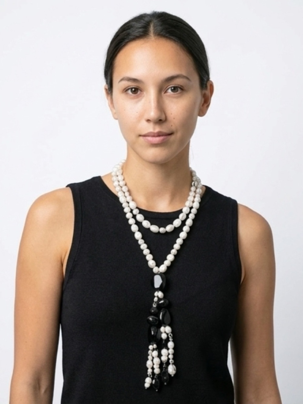 Chico’s Elegant Pearl and Black Bead Tassel Necklace - Women's Jewelry
